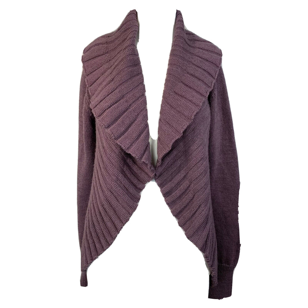 Hekla & Co. Cardigan Womens Sz M Purple Italy Wool Open Shawl Collar Ribbed